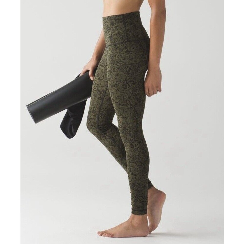 Lululemon Leggings Green Black Wunder Under Pants 4 Hi-Rise Pencil Lace Brave